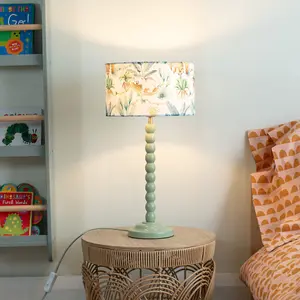 Sage Green Bobbin Stem Table Lamp with Tropical Drum Shade for Living Room Bedroom