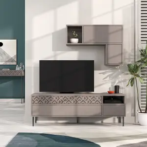 Decortie Heaton Modern TV Unit Mocha Grey with Storage and Wall Shelf 144.6cm