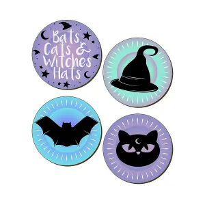 Grindstore Bats Cats And Witches Hats Pastel Goth Coaster Set (Pack of 4) Purple/Black/Blue (One Size)