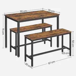 VASAGLE Dining Table with 2 Benches, 3 Pieces Set, Kitchen Table of 110 x 70 x 75 cm, 2 Benches of 97 x 30 x 50 cm Each