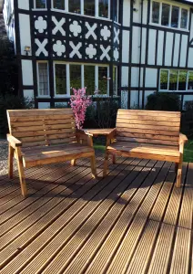 Hand Made 4 Seater Chunky Rustic Wooden Furniture Set 2 Benches With Angled Tray