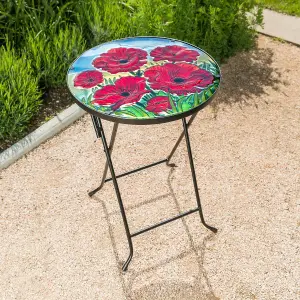 Folding Glass Table Garden Outdoor Patio Decoration Painted Round Top Christow Poppy