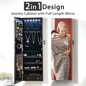 Costway Lockable LED Lights Jewelry Cabinet W/ Mirror Wall/Door Mounted Jewelry Armoire