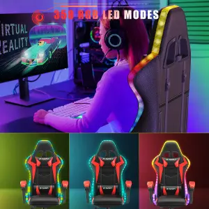 Ergonomic Gaming Chair with LED Lighting Effects, Height Adjustable Backrest with Lumbar & Headrest Support