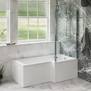 Dezine Cubo 1700 x 850mm L Shaped Right Hand Shower Bath with Panel and Bath Screen