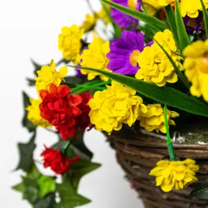 Pair of Artificial Wildflower Flowers Rattan Hanging Basket Decoration Purple Yellow and Orange 25cm