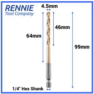 Rennie Tools - 4.5mm Hex Shank HSS Gold Cobalt Jobber Drill Bit For Stainless Steel, Hard Metals, Aluminium, Cast Iron, Copper.