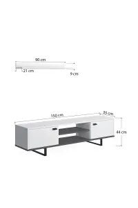 Meta TV Stand with 2 Shelves and 2 Cabinets, 150 x 35 x 44 cm TV Unit Table for TVs up to 65 inch, White