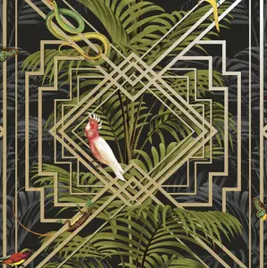 Holden Congo Black Gold Art Deco Geometric Tropical Jungle Animals Wallpaper