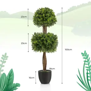 Costway 100CM Artificial Boxwood Topiary Double Ball Tree Faux Plant Fake Plant Home Decoration