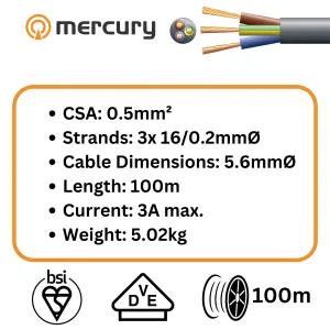 100m Cable 2183Y 3 Core Round PVC, 300/300V, HO3VV-F3, 3A 100m Reel