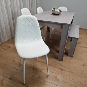 Grey Dining Table with 4 Diamond Stitched White Chairs and 1 Bench