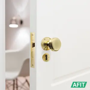 AFIT Lined Key Lock Door Knob Set Polished Brass - 1 Pair of Mortice Knobs 55mm, Sash Lock 80mm & Hinges 76mm for Internal Doors