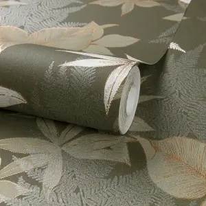 Grandeco Floral Field Fern Metallic Textured Wallpaper, Khaki Green