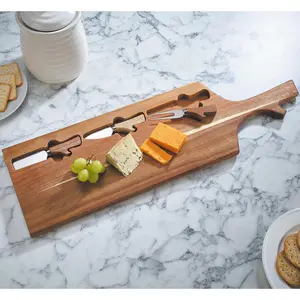 Acacia Wood Cheese Board with Cutting Tools - Paddle Shaped Wooden Cheeseboard Set - Measures H2 x W63 x D19cm