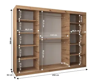 Torino Spacious Mirrored Sliding Door Wardrobe with Hanging Rails And Shelves -Black Matt (H)2000mm  (W)2500mm x (D)620mm)