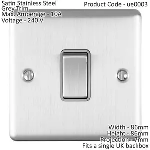 1 Gang Single Light Switch SATIN STEEL 2 Way 10A Grey Trim & Metal Rocker