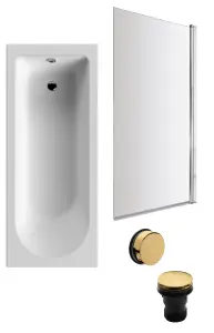 Round Single Ended Bath, Square Chrome Bath Screen, Brushed Brass Waste -1700x700mm