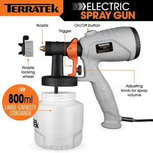 Terratek Electric Paint Sprayer 350W, HVLP Hand Held Fence Spray Gun 800ml Container