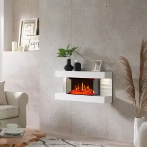 FLAMEKO Atacama 32"/82cm Wall Mounted Fireplace All-in-One with Downlights and Remote Control 1.8kW Heater in White