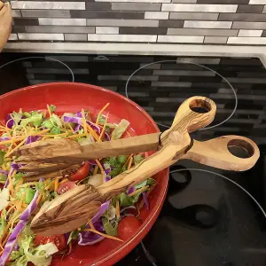 Olive Wood Salad Serving Tongs Natural Grained Rustic Kitchen Dining Server 27cm