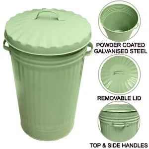 Sage Green Metal Bin Retro Galvanised Dustbin Vintage Style Steel Bin - 45L