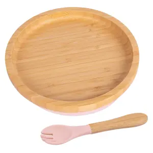 Bamboo Round Baby Weaning Plate & Fork Set - Pastel Pink