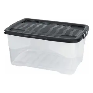 3 x 42 Litres Clear Transparent Base Curve Storage Containers With Black Lids For Home & Office