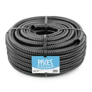 Pisces 30m Corrugated Black Pond Hose Flexible Anti Kink Flexi PVC Pipe Ribbed Tubing for Pump Filter Sump Water Butt -0.75" 20mm