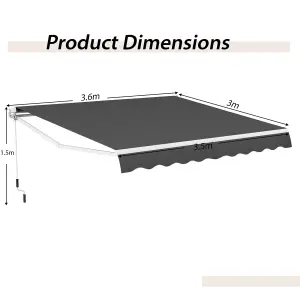 Costway 3.6 x 3m Patio Awning Manual Garden Canopy Sun Shade Retractable Shelter Outdoor