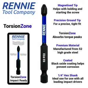 Rennie Tools 5 Pack PZ2 x 75mm Long Magnetic Impact Driver Screwdriver Bits Set Pozidriv (Pozi 2) + 60mm Bit Holder