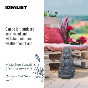 IDEALIST™ Buddha Statue 13.8 Inch Tall, Grey Reinforced Stone Sitting Baby Monk Figurine for Home and Garden L20 W17 H35 cm