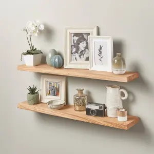 Off the Grain Oak Floating Shelf made From Solid Oak - 120cm (L) Wall Mounted Rustic Wooden Shelves - Pack of 2