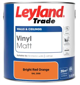 Leyland Trade Vinyl Matt Walls & Ceilings Emulsion Paint Bright Red Orange (RAL 2008) 2.5L