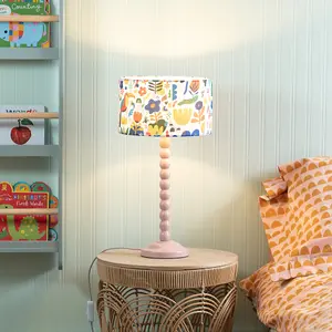 Rose Pink Bobbin Stem Table Lamp with Jungle Drum Shade for Living Room Bedroom