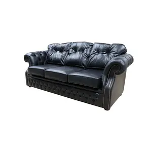 Chesterfield 3 Seater Old English Black Real Leather Sofa Bespoke In Era Style