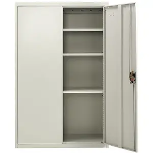 Metal Storage Cupboard Grey 2 Door Tall Lockable Steel Filing Cabinet 3 Shelves Office, Garage Tool, Utility, Kitchen use