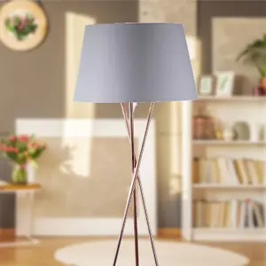 First Choice Lighting Copper Tripod Floor Lamp with Grey Fabric Shade