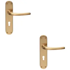 2 PACK - Rounded Sleek Latch & Lock Door Handle - Satin Brass Lever on Backplate