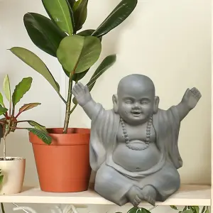 IDEALIST™ Buddha Statue 12.4 Inch Tall, Sage Reinforced Stone Laughing Baby Monk Figurine for Home and Garden L35.5 W25.5 H31.5 cm