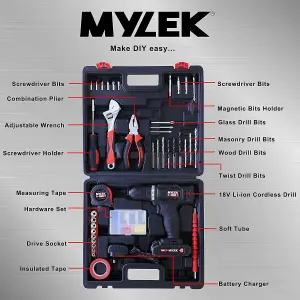 MYLEK 18V Cordless Li-ion Drill Complete With DIY 90 Piece Tool Kit And Carry Case