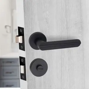 1 Pair Modern Lima Design Matt Black Premium Bathroom Door Handles Round Rose Dead Bolt Ball Latch Hinges Thumbturn - Golden Grace