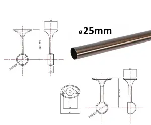 Suspended Round Wardrobe Rail Hanging Tube Pipe 1600mm Antique Copper Set with End Brackets