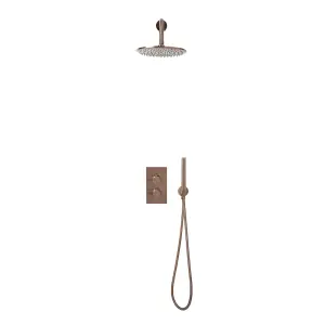 UK Home Living Avalon Core Round Handle Thermostatic Shower Valve, Drench Head & Bracket Brushed BRONZE