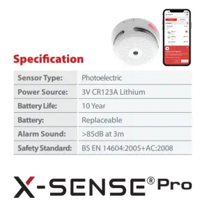 X-Sense Pro Smart Smoke Alarm - Wireless & Interconnectable with 5 Year Replaceable Battery: 3 Pack