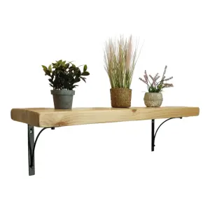 Solid Wood Handmade Rustical Shelf Primed 175mm 7 inch with Black Metal Bracket BOW Length of 210cm