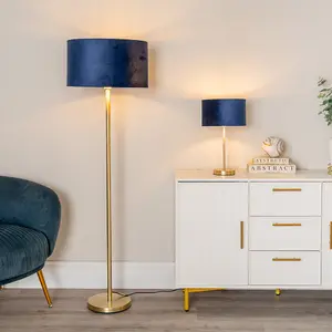 ValueLights Charles Gold Stem Table Lamp with Navy Blue Velvet with Gold Inner Lamp Shade and LED Bulb