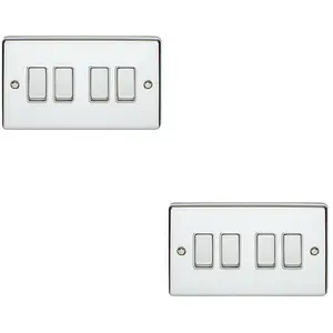 2 PACK 4 Gang Metal Quad Light Switch POLISHED CHROME 2 Way 10A White Trim