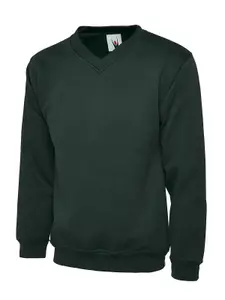 Uneek - Unisex Premium V-Neck Sweatshirt/Jumper - 50% Polyester 50% Cotton - Bottle Green - Size XS