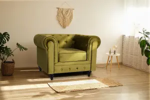 Velvet Chesterfield Arm Chair - Olive Green